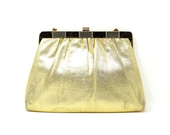 Vintage Gold Purse Lamé Evening Bag 1960s Harry Levine Clutch Optional Metallic Snake Chain Handle Marked HL USA Mid Century Evening Handbag