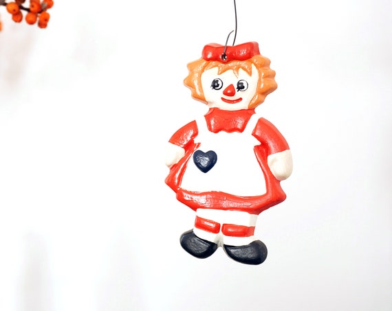Vintage Raggedy Ann Ornament Hand Painted Clay Cookie Shaped Christmas Tree Ornament 1970s Ginger Hair Doll Red White Dress Black Heart