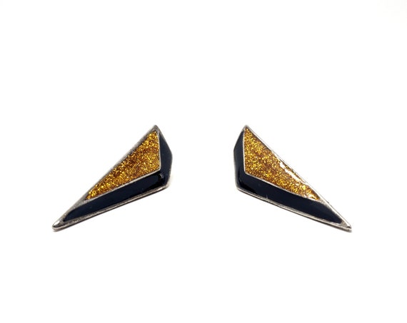 Vintage Earrings Triangles Striped Black Gold Glitter Enameled 1980s Earrings Post Back Angular Modern Dagger Shape Earring Jewelry by Monet