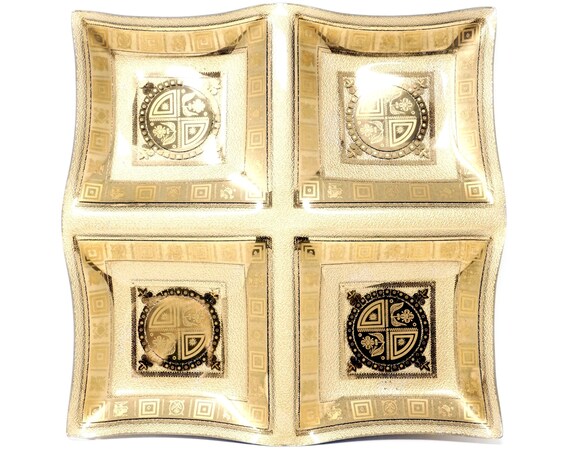 Vintage Gold Tray Georges Bríard Look Rare Mid Century Glass Sectioned Serving Dish Square Large Platter 4 Sections Golden Foiled Textured