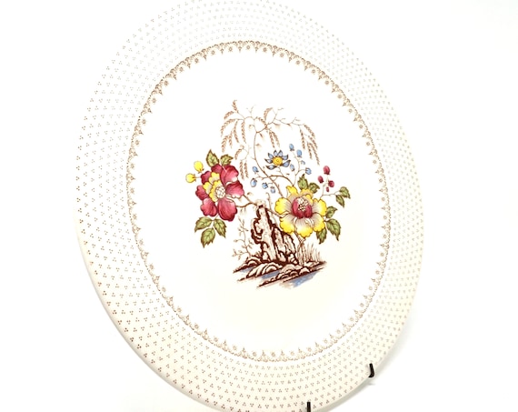 Vintage Round Platter Chippendale by Royal China 1950s Off White Large Dish Burgundy Yellow Floral Weeping Willow Brown Dots 12" Chop Plate