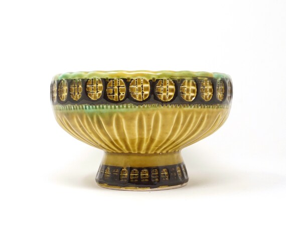 Vintage Plant Pot Chartreuse Green Black Planter Pedestal Base Bowl Shaped Ribbed Pottery 60s Spotted Pattern Tribal Look Ceramic Fruit Bowl