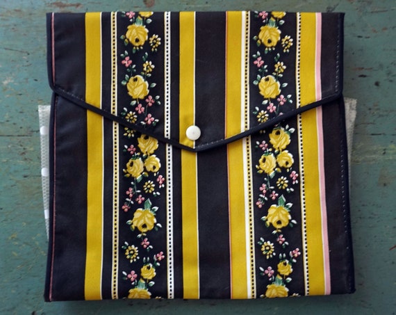 Vintage Organizer Oilcloth Bag Black Stripes Yellow Roses Fold-Over Snap Top Accordion Pocket White Polka Dot Pink Interior Western Germany