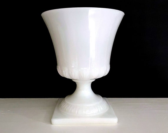 Vintage Milk Glass Urn Footed Vase White Opaque Glass Greek Key Rim at Square Base E.O. Brody MJ-44 J-2520 Urn Planter Glass