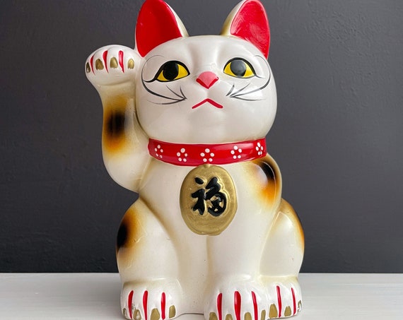 Vintage Lucky Cat Bank Maneki Neko Japanese Piggy Bank Beckoning Cat Good Fortune Money Box Kitty Bank Tokoname Cat Statue Chalkware 8" Tall