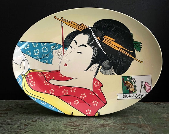 Vintage Utamaro Print Plate Noritake Melamine Platter Oval Shape Dinnerware 70s Rare Pattern Hanaogi of the Ogiya by Kitagawa Utamaro Japan