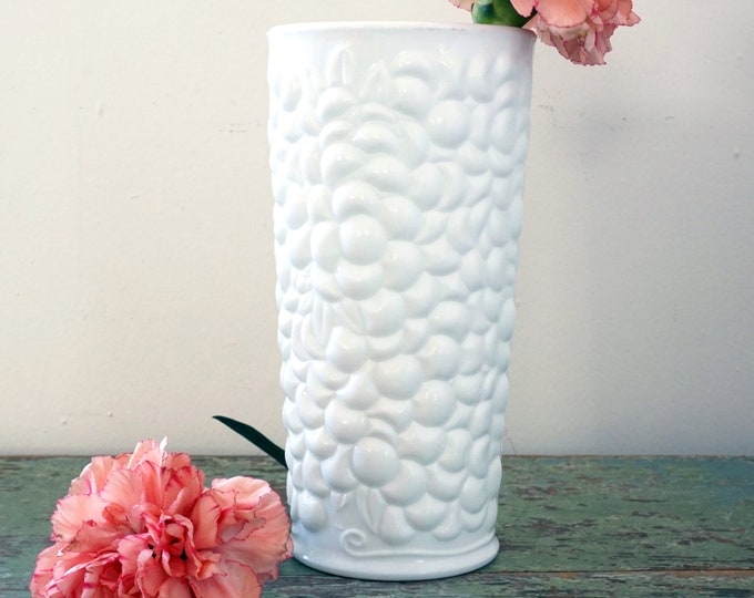 Vintage Vase White Milk Glass Floral Clusters Design Heavy Opaque Glass Vase Cylindrical