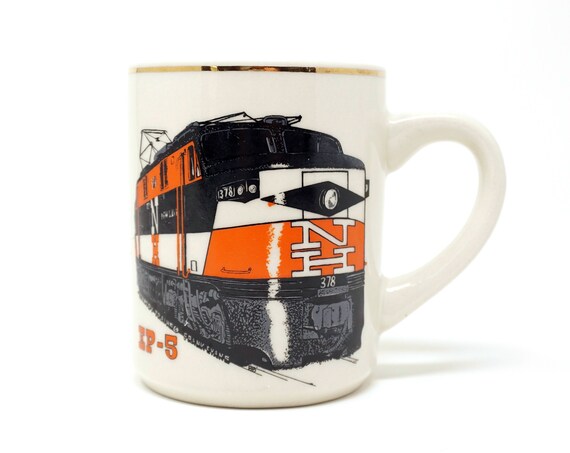 Vintage Train Mug New Haven Railroad EP-5 Black Orange Locomotive Country Trains © Franks Evans BB Beige Ceramic Gold Rim Train Collectible