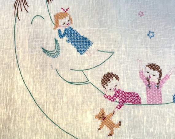 Vintage Crib Quilt Cross Stitch Angels Nursery Decor Embroidered Baby Blanket Man in Moon Sleeping Children Old Baby Quilt Hand Sewn As Is