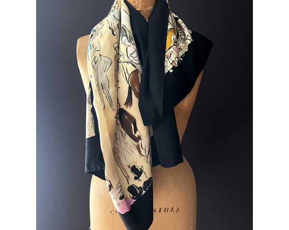 Vintage Hermès Scarf Paddock Jean-Louis Clerc Design for Hermès Paris 90cm Square GRAIL Jockeys Horses Print Beige Silk Black Border FLAWS