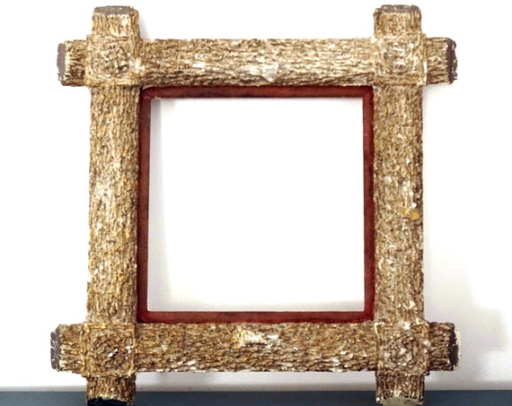 Antique Adirondack Frame Plaster Wood Faux Bois Square Picture Frame Wood Grain Molded Gold Gilt Painted Rustic Heavy Wall Frame Rare Old