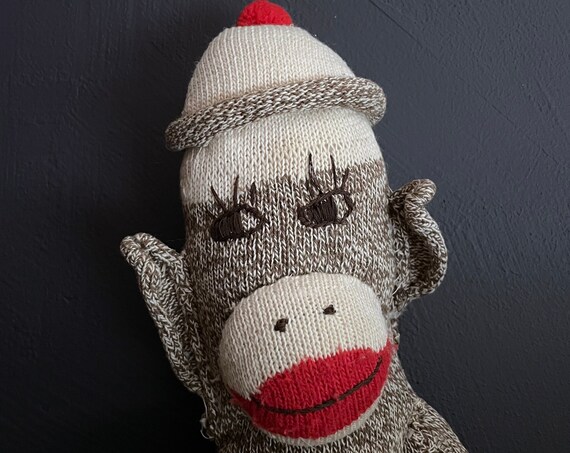 Vintage Sock Monkey Large Big Eyed Handmade Monkey Hand Stitched Wistful Eyes Eyelashes Pom Pom Buttons & Hat Classic Sock Friend Rare Find