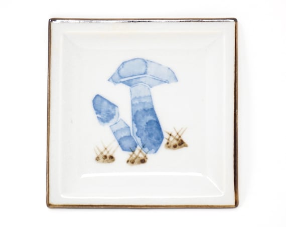 Vintage Mushroom Dish Square Pottery Small Plate Blue Shroom Design Hand Painted Beige Glazed Crackle Look Brown Ceramic Woodland Ring Dish