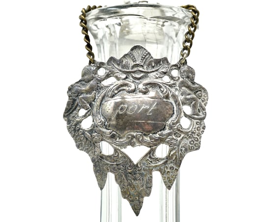 Vintage Port Wine Label Silver Diecast Ornate Bottle Ticket Decanter Label on Chain Rococo Grapes Cherubs Motif Likely ESCO Silver Unmarked