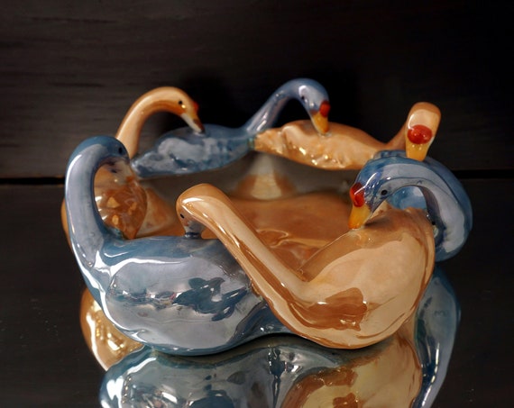 Vintage Lusterware Bowl Goose Rim Peach Blue Luster Glaze 1930s Tashiro Shoten Porcelain Nagoya Japan Interlocking Geese Dish Elephant Mark