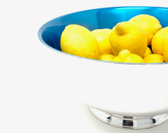 Vintage Bowl Electroplated Blue Silver Toned Metal Bowl Paul Revere Reproduction of Wm A Rogers 60s Repo Bowl Footed Electric Blue Interior