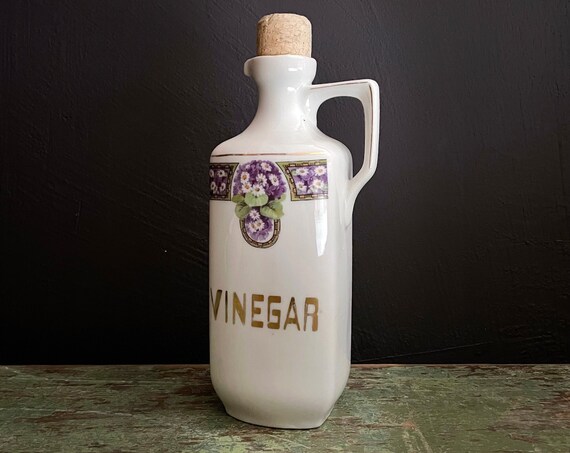 Vintage Vinegar Bottle with Cork 1920s Czechoslovakian White Porcelain Cruet for Vinegar Labeled in Gold Lettering Purple Violet Flowers