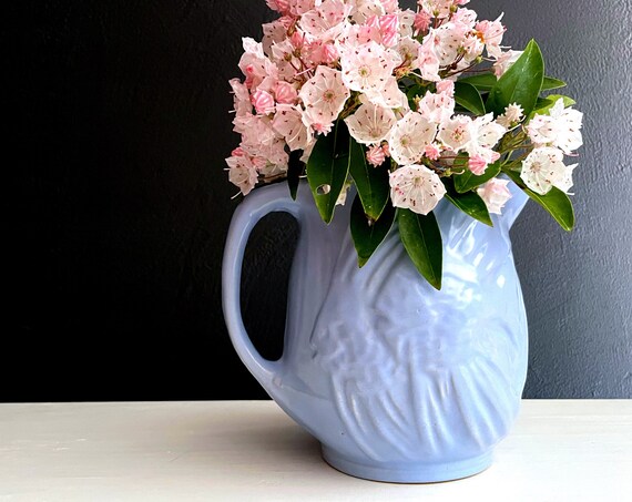 Vintage McCoy Pitcher Angelfish Periwinkle Blue Embossed Design Matte Glaze Pottery Jug with Handle Pale Blue Vase McCoy Shape #122 1940s