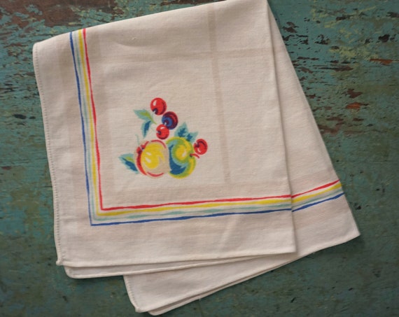 Vintage Tea Towel Fruit Motif 50s Dish Towel Cotton Rainbow Colors Border Worn In Kitchen Towel Cloth Napkin Beige Grid Marks Retro Kitchen