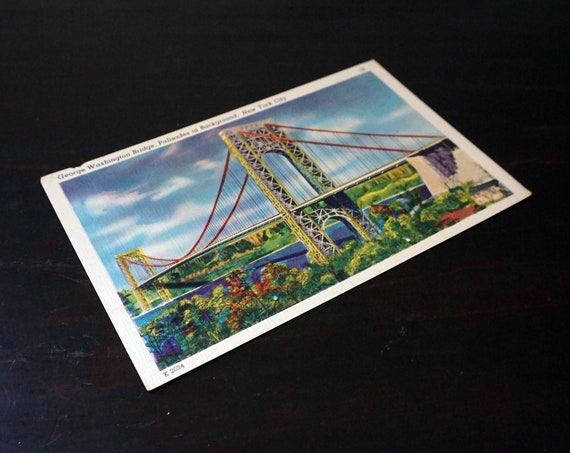 Vintage Postcard NYC George Washington Bridge New York City Palisades Photograph Hand Color Colourpicture Photo Image Unused Linen Post Card