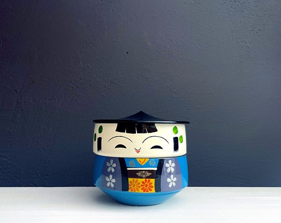 Vintage Stacking Container Lacquer Japanese Kokeshi Doll Look Two Stackable Small Round Bins With Hat Asian Boy or Girl Japan OMC Catch All
