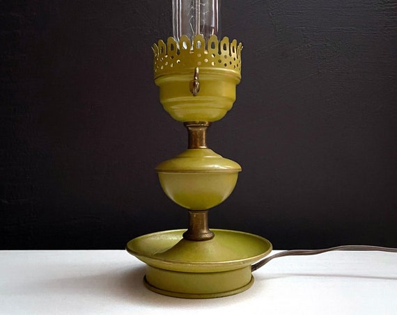 Vintage Metal Lamp Chartreuse Green Electrified Kerosene Oil Lamp Look Tabletop Lamp for Light Bulb 1970s Colonial Style Accent Lighting Tin
