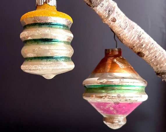 Vintage Ornaments Retro Tree Trim Glass Bulbs Shiny Brite Lantern Yellow Mica Glitter Top & Green Orange Pink Painted Top Shaped Bulb UFO
