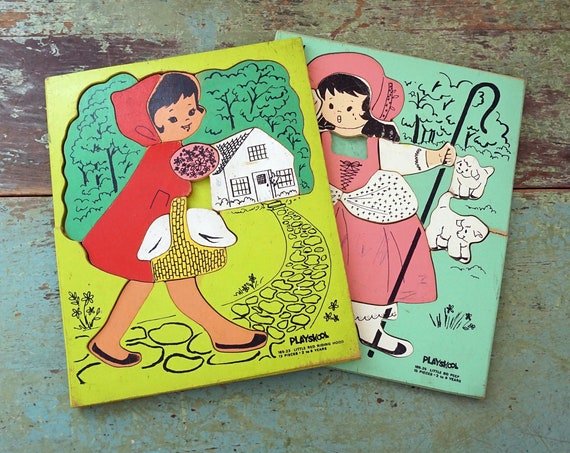 Vintage Wood Puzzles 1960s Playskool Red Riding Hood Illustration Puzzle Little Bo Peep Green Nursery Rhymes Board Puzzle Missing Pieces