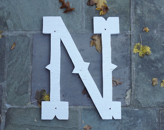 Vintage Letter N Sign Large Wood Cut Out Initial N Chippy White Painted Western Style Font 1970s Old West Signage Handmade Rustic Farmhouse