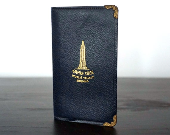 Vintage Empire State Building Tiny Notebook with ID Card Holder Unused Vinyl Covered Notepad Tear Out Paper Perforated Sheets Navy Cover Pad