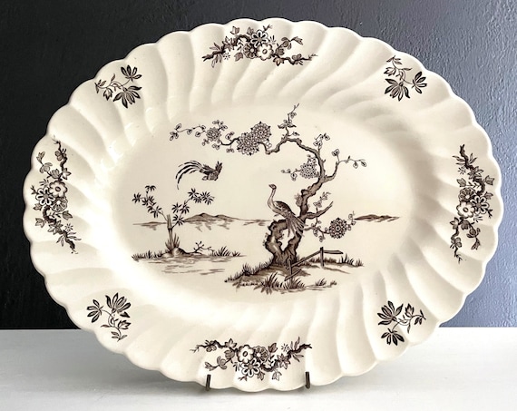 Vintage Platter Bird Motif Brown White Serving Dish Scallop Rim Myott Fine Staffordshire Transferware Ware Exotic Bird 12" Oval Plate Toile