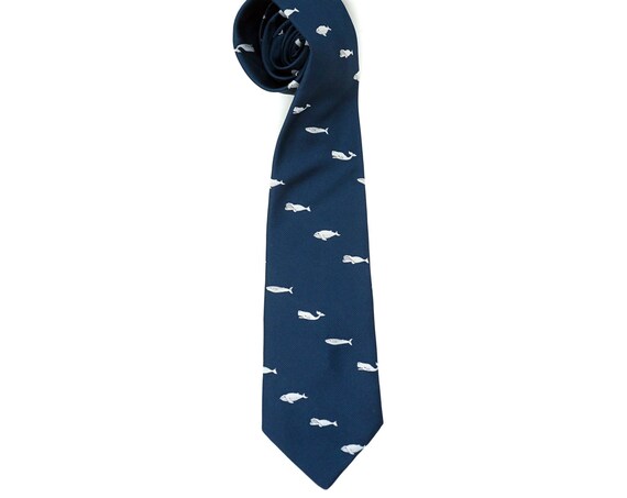 Vintage Whales Necktie Navy Blue Tie Save The Whales Humpback Sperm Whale Repeating Pattern Tie Nautical 80s The Country Store of Concord