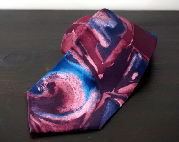 Vintage Tie Purples Blue Abstract Necktie Oleg Cassini Watercolor Look Plum Fuschia Painterly Tie 1970s Designer Menswear Accessory