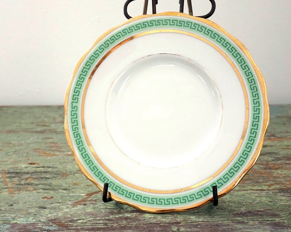 Antique Saucer L Bernardaud and Co Limoges Green Greek Key Band Gold Scalloped Rim Small Dish Circa 1900s B and Co France Saucer For Teacup