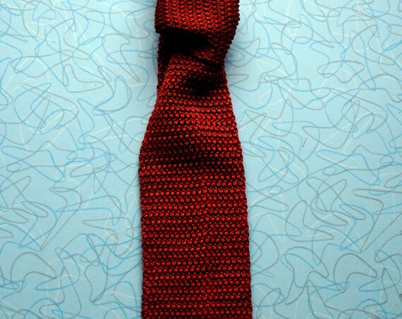 Vintage Tie Knit Red Orange Skinny Woven Tie Narrow Square End Burnt Sienna Necktie Hand Knit Silk Lining 1950s Menswear By John Lewton