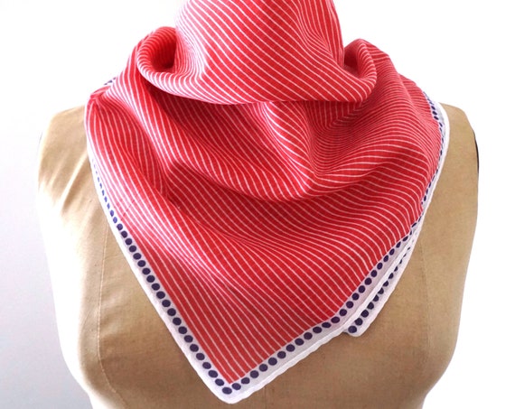 Vintage Red White Blue Scarf Calvin Klein Red Pinstripes White Border Navy Polka Dot Scarf Neck Scarf Hair Accessory Hand Rolled Edges