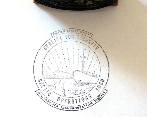 Vintage Rubber Stamp Arctic Operations 1960 Seal Logo US Navy Sea Lift For Security Military And Transportation Service Rare Ink Stamp