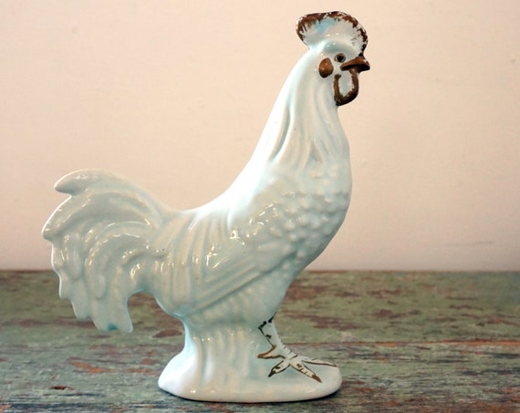 Vintage Rooster Aqua Gold Ceramic Figurine 1950s Pale Blue Cock Hand Painted Feet Beak Coxcomb Barnyard Bird Farmhouse Kitchen Hutch Decor