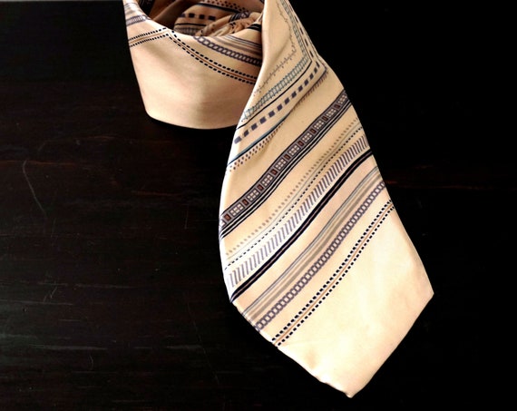 Vintage Silk Tie Beige Blue Black Dash Stripe Asymmetric Pattern Necktie Wide 1970s Tie John Weitz By Burma Menswear New Old Stock Tag On