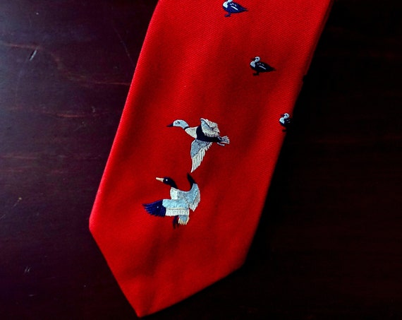 Vintage Ducks Tie Red Embroidered Blue Waterfowl Mid Century Saks Fifth Avenue Menswear