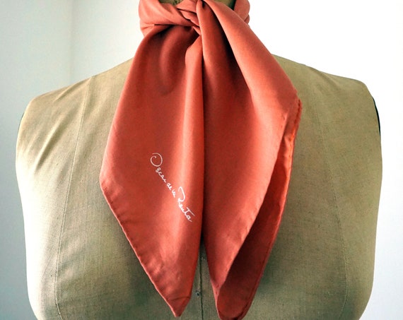 Vintage Burnt Sienna Scarf Silk Oscar de la Renta Scarf Square Lightweight Neck Scarf Hair Accessory Indian Red Fall Scarf Hand Rolled Edges