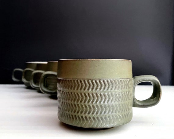 Vintage Denby Mugs Chevron Pattern by Gill Pemberton MCM Ceramic Tea Cup Set of 5 Mugs Matte Sage Green Glaze White Interiors Square Handles
