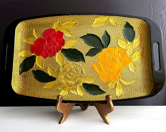 Vintage Lacquer Tray Floral Black Gold Carved Plastic Red Flowers Yellow Peonies Asian Decorative Tray Handles By Davar NY 60s Lacquerware