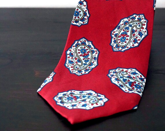 Vintage Silk Tie Burgundy Blue Paisley Red Necktie Botah Design Nino Cerruti Batik Look Print Neck Tie 1980s