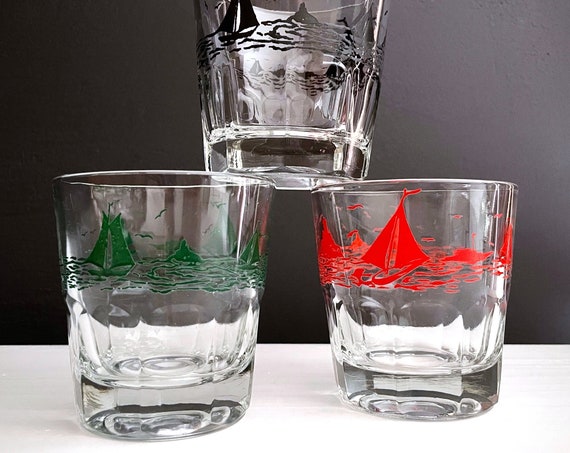 Vintage Sailboat Glassware 1 Each in Red Black Green Design Harbor with Boats Rocks Glasses Set of 3 Nautical Low Balls Tugboat Bay Scene