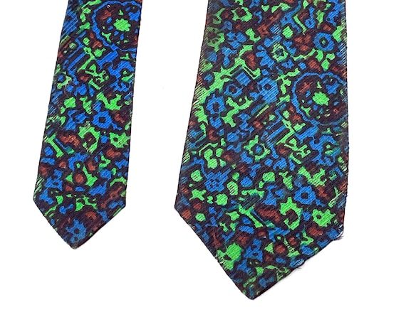 Vintage Tie Tiny Floral Greens Blues Brown Silk Necktie Abstract Flowers Mod Narrow Tie Christian Dior Lord & Taylor w/ Wear AS IS CONDITION