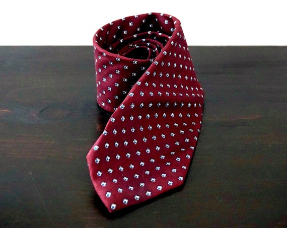 Vintage Tie Burgundy Italian Silk Necktie Small Circles Print Tie Maroon Repeating Simple Patterned Tie Adams Row Richman