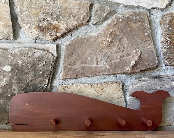 Vintage Whale Hooks Brown Painted Wood Peg Rack Whale Shaped with 4 Pegs For Hanging Wall Storage Handmade Nautical Decor Primitive Handmade