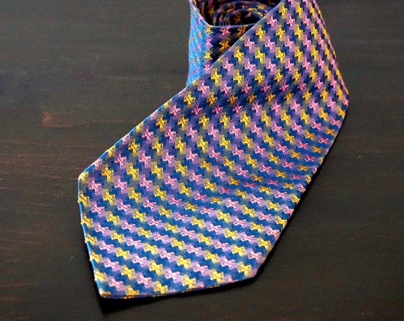 Vintage Tie Pink Yellow Brocade Grey Blue Necktie Mid Century Repeating Check Pattern Rayon Acetate Pastel Colors Tie 60s Menswear Accessory