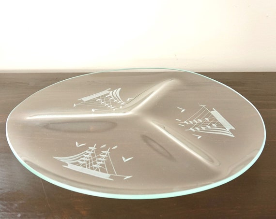 Vintage Glass Tray Etched Ships Round Divided Platter 3 Sections Molded Glass Frosted Tall Ship Motif Appetizer Server Schooner Boat Mast
